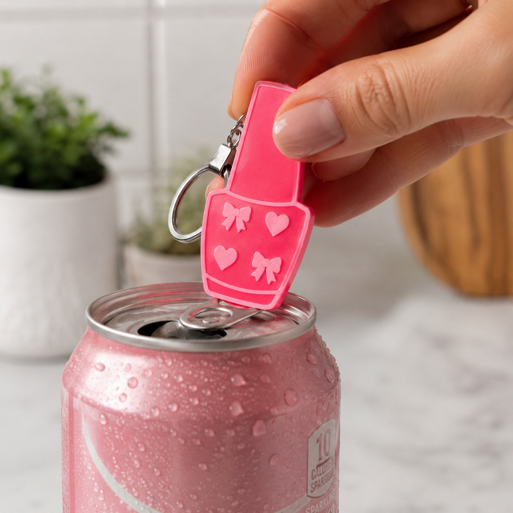 Hot pink can tab lifter keychain with light pink bow and heart details