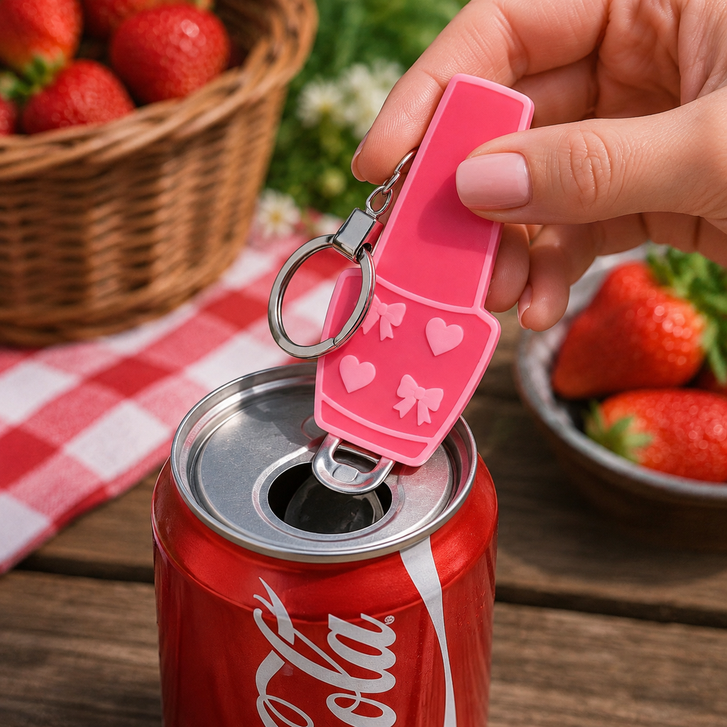 Hot pink can tab opener keychain with silver-tone keyring and nail-polish-bottle-inspired design