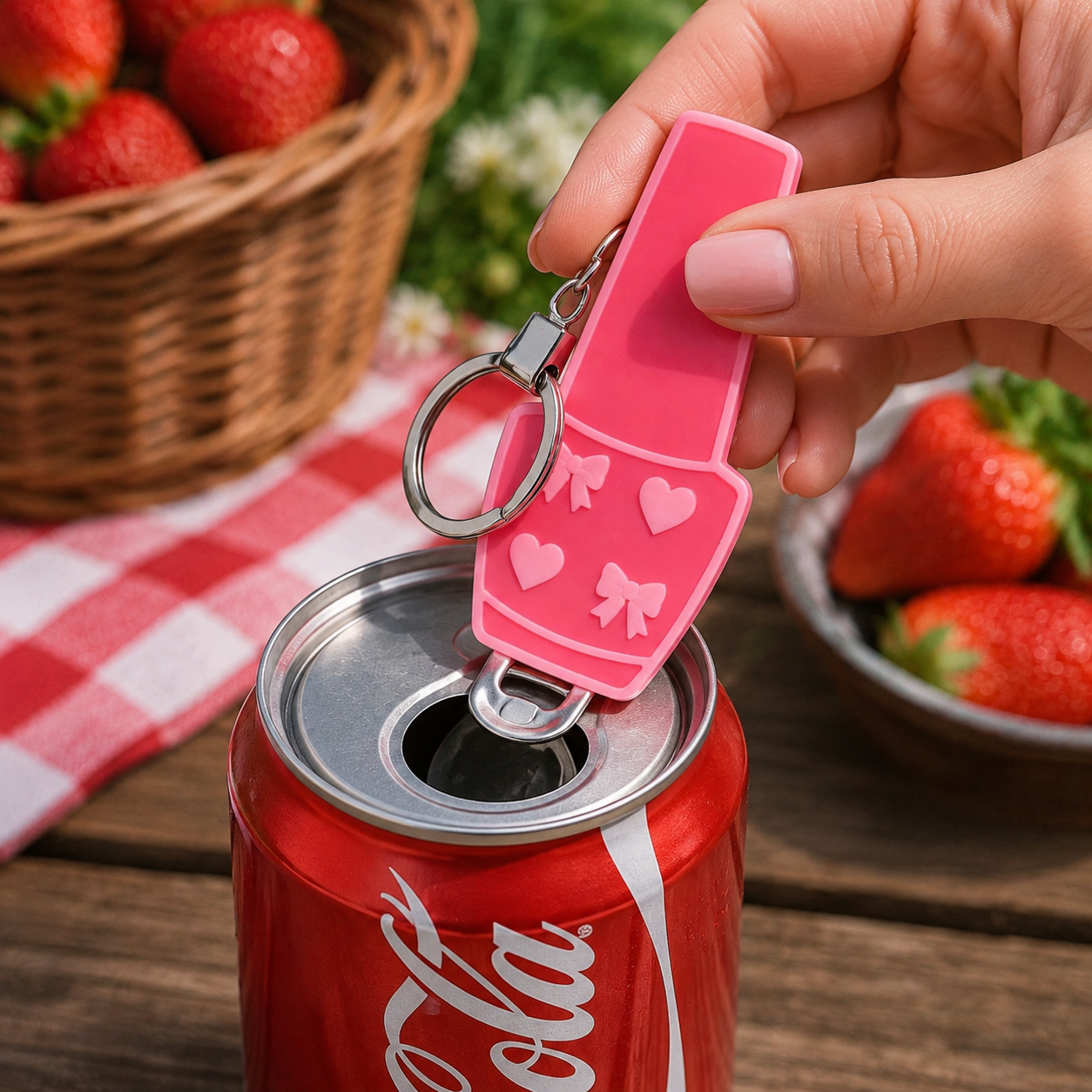 Hot pink can tab opener keychain with silver-tone keyring and nail-polish-bottle-inspired design