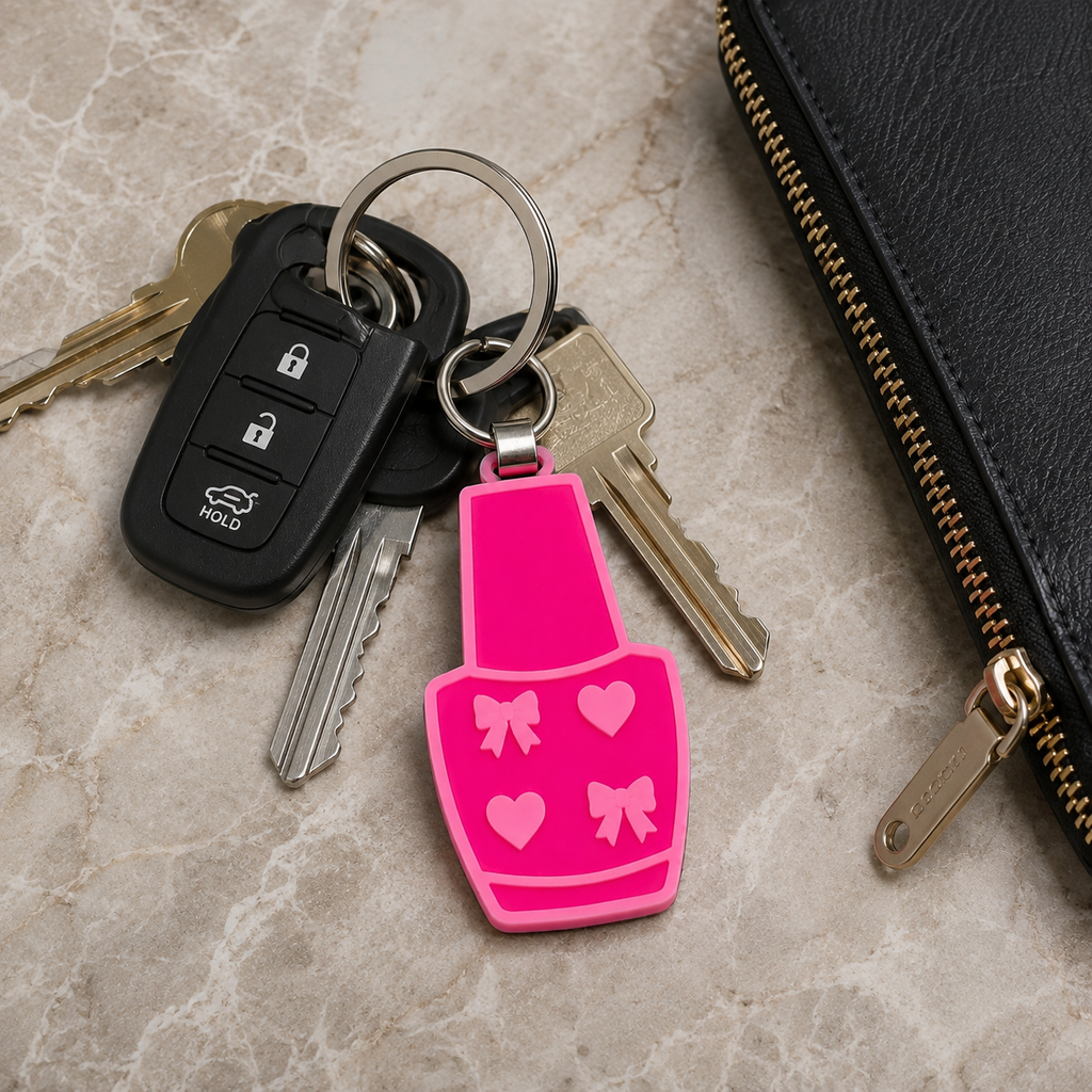 3D printed can tab opener keychain for long nails in hot pink nail-polish-bottle-inspired design