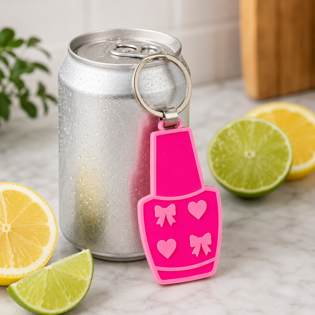Pink can tab opener keychain for soda pull tabs with nail-polish-bottle-inspired design