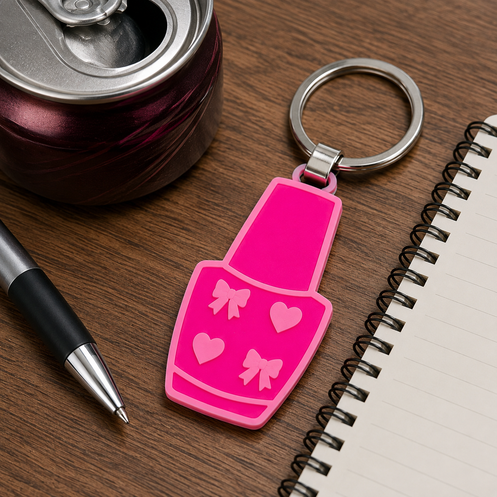 Hot pink can tab opener keychain with light pink hearts and bows