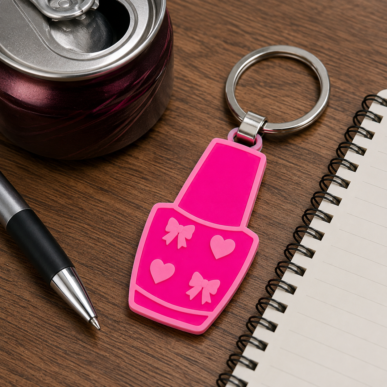 Hot pink can tab opener keychain with light pink hearts and bows