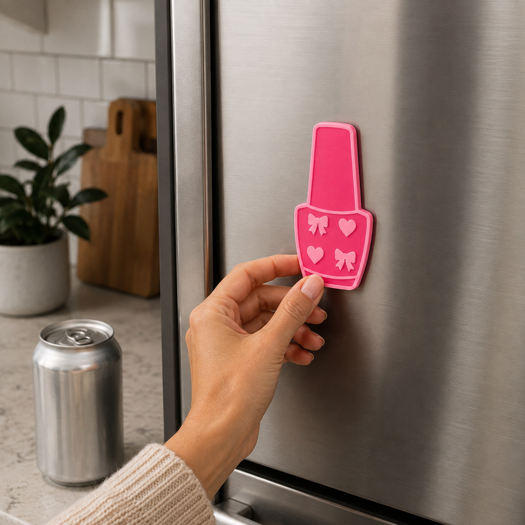 Fridge magnet can tab lifter for long nails in hot pink nail polish bottle design