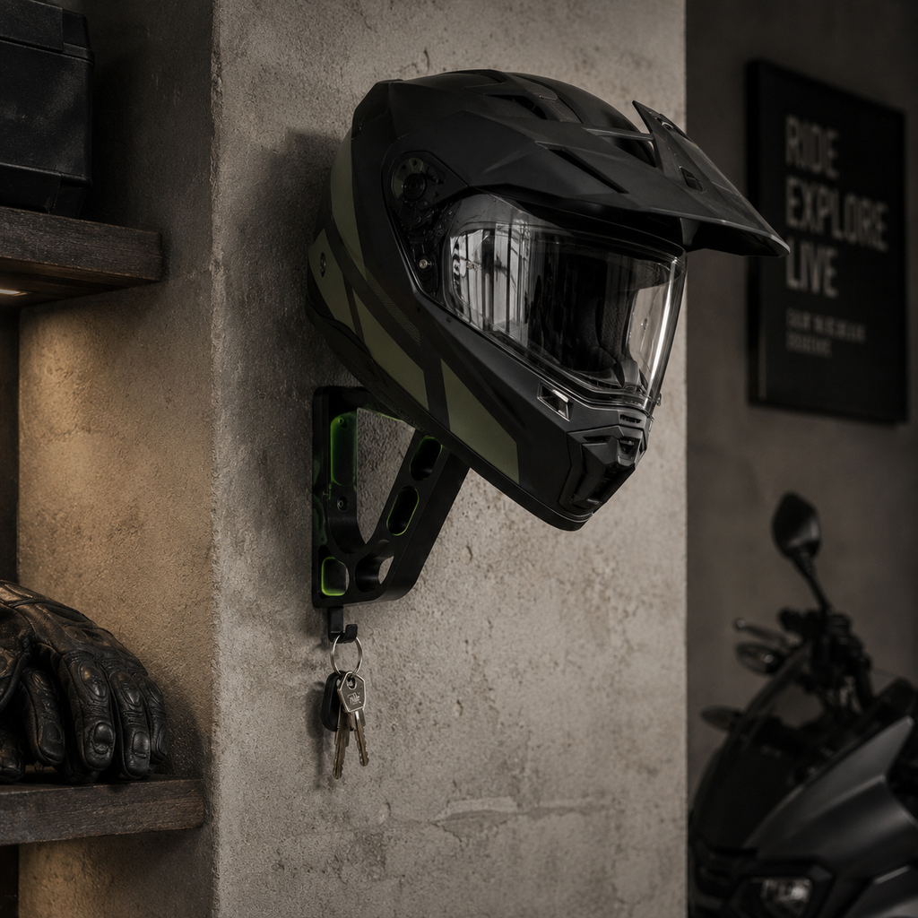 NAMVEXO wall-mounted helmet holder for full-face motorcycle helmet storage
