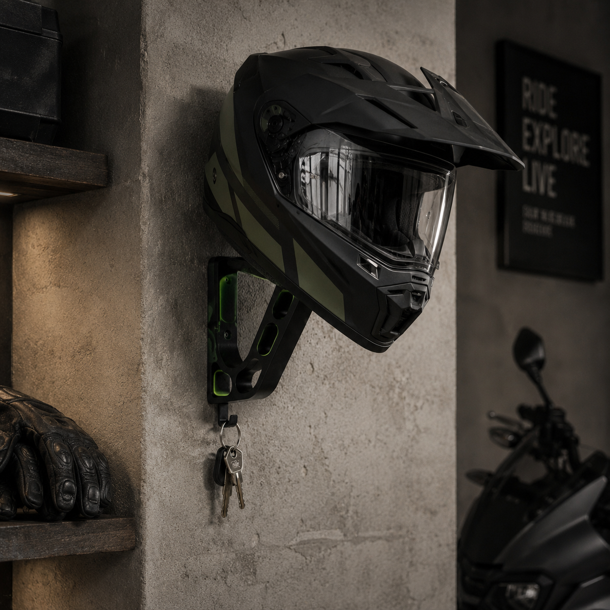 NAMVEXO wall-mounted helmet holder for full-face motorcycle helmet storage