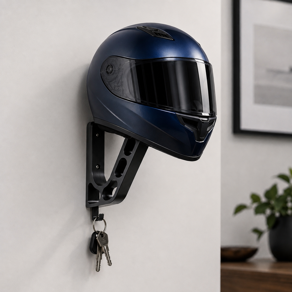 Motorcycle helmet holder wall mount with wide top support and angled frame