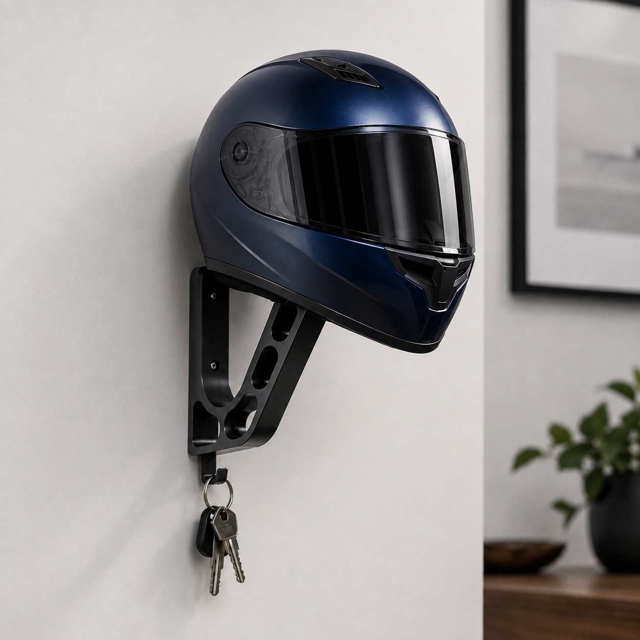 Motorcycle helmet holder wall mount with wide top support and angled frame