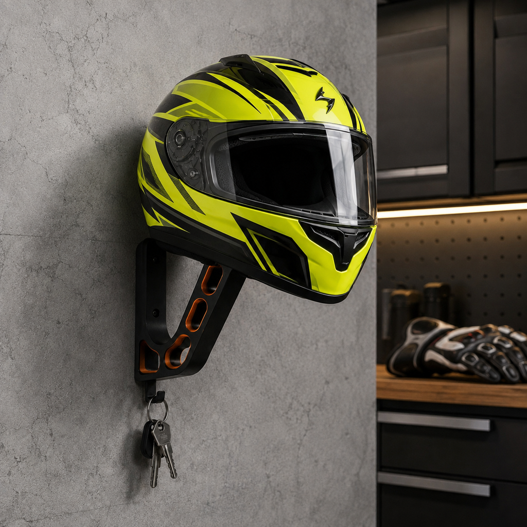 Wall-mounted motorcycle helmet holder by NAMVEXO for organized helmet and riding gear storage