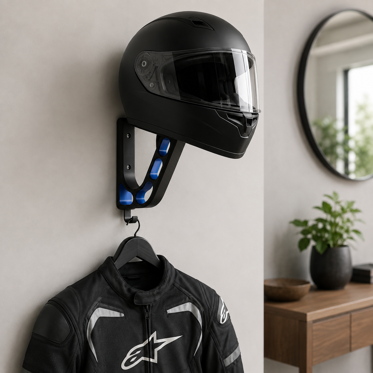 Motorcycle riding gear wall organizer with helmet support pad and jacket hanger hook
