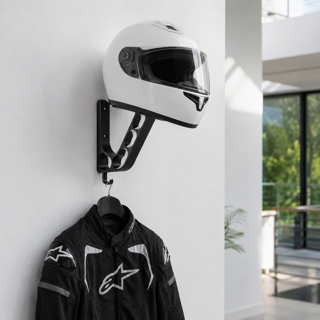 Compact motorcycle helmet rack for garage entryway or riding gear storage