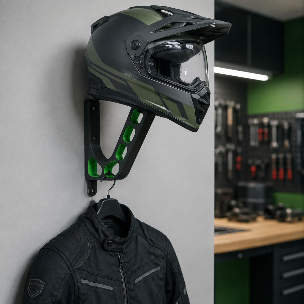 NAMVEXO motorcycle helmet rack with oval accent openings and wall mounting plate