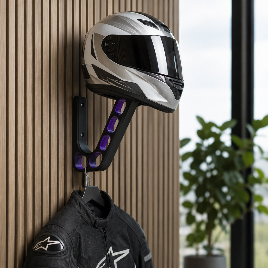 Motorcycle gear organizer wall mount with helmet support and lower accessory hook