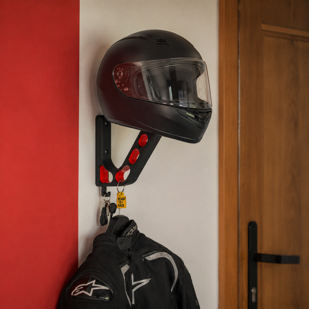Motorcycle helmet storage holder with two-point wall mounting backplate by NAMVEXO