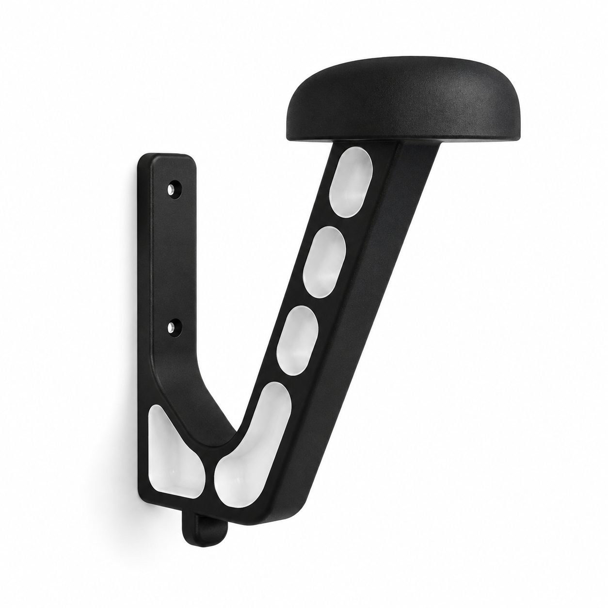 Motorcycle helmet wall mount product view with broad rounded helmet support