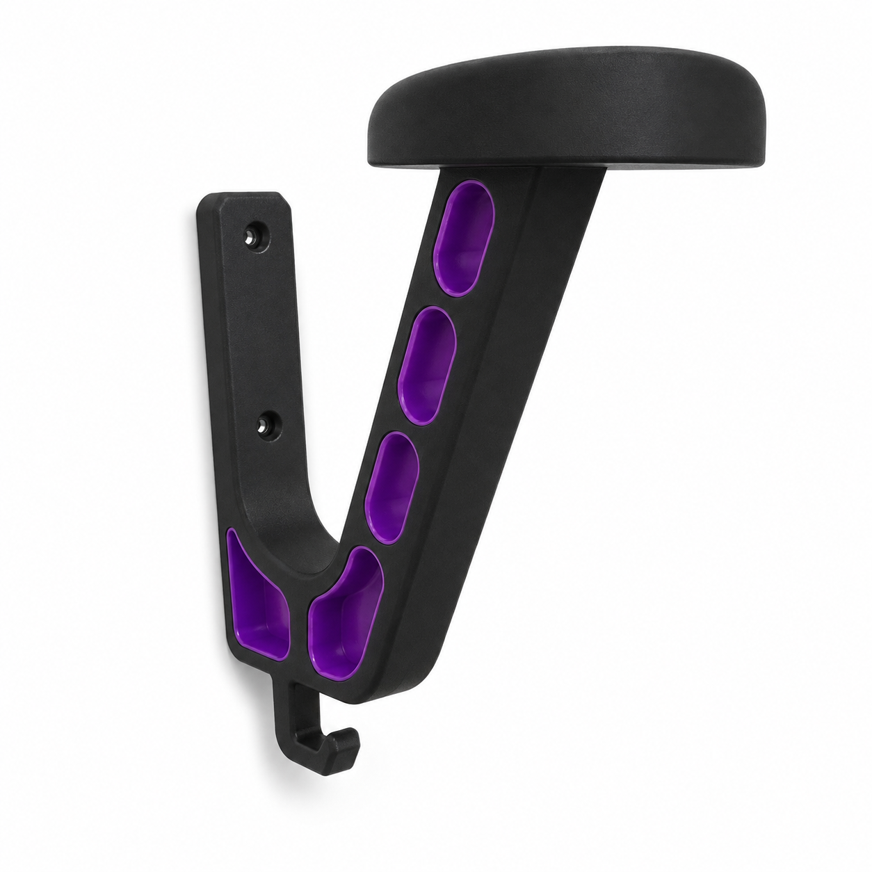 Motorcycle helmet hanger with matte black frame and accent color openings