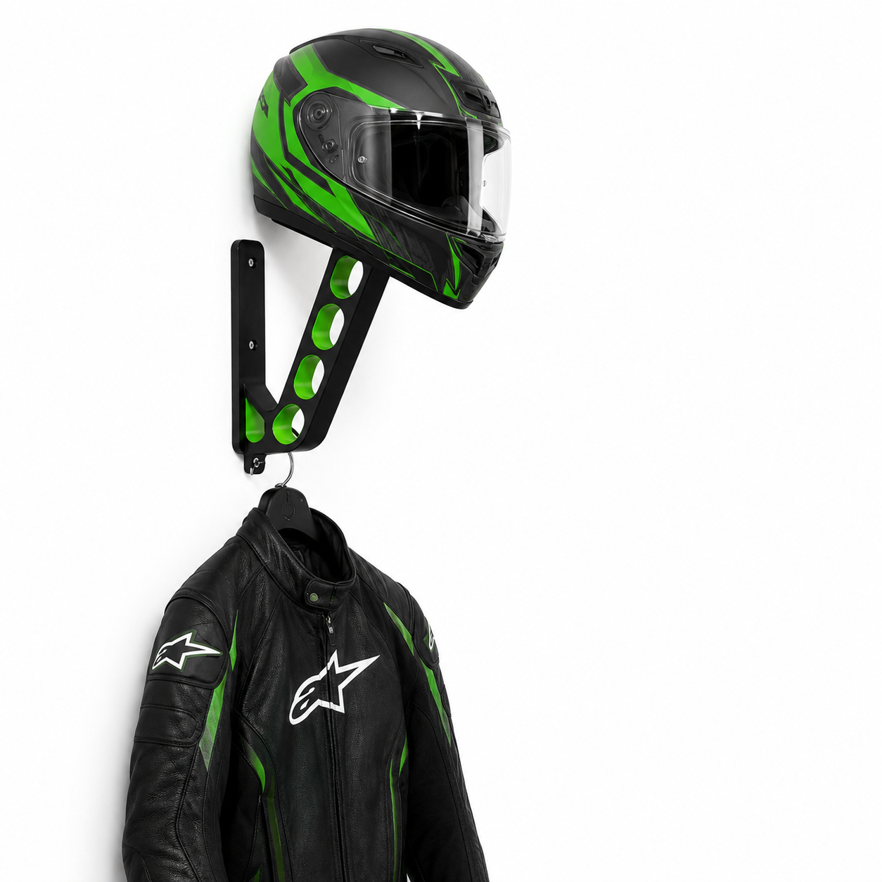 Motorcycle helmet holder by NAMVEXO with two-point wall plate and one integrated lower hook