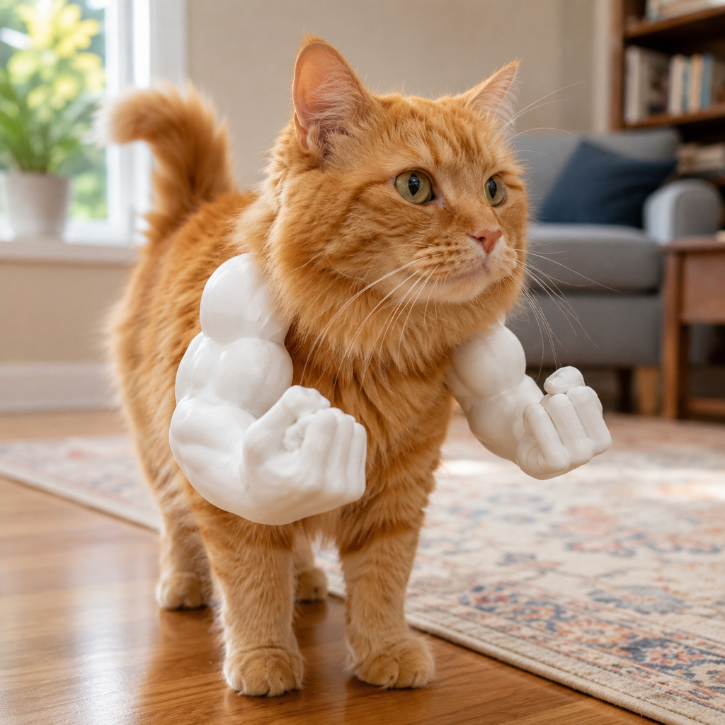 3D printed pet costume with sculpted biceps and fists
