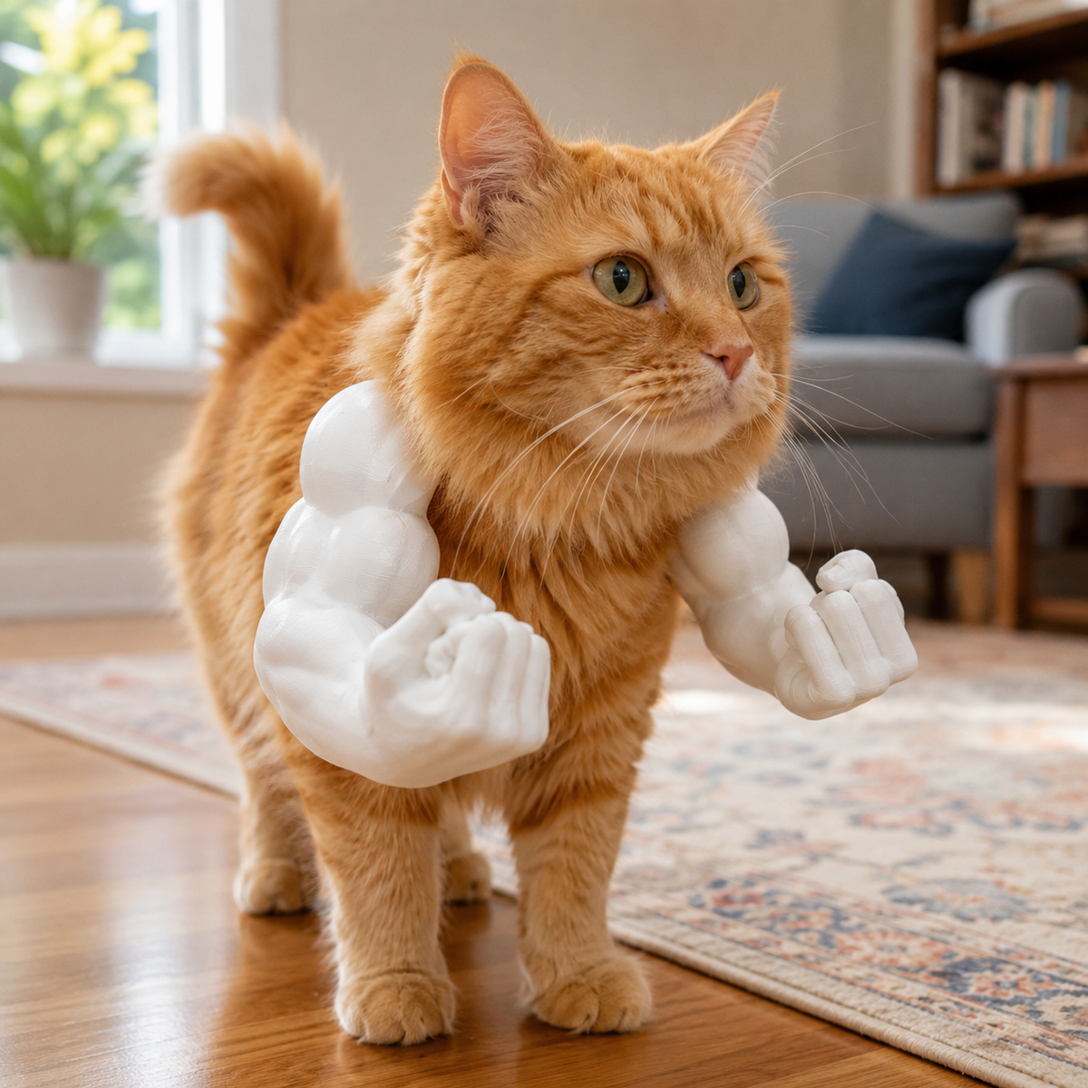 3D printed pet costume with sculpted biceps and fists