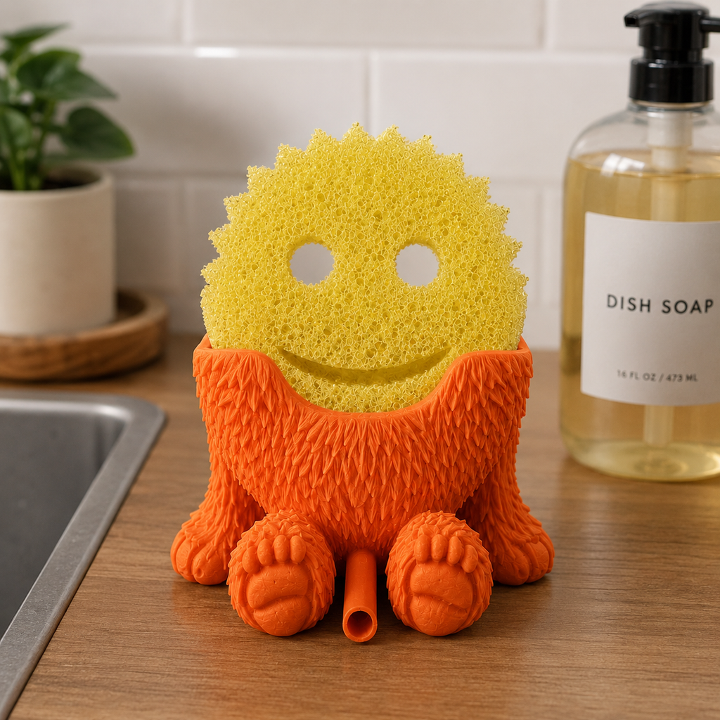 Bigfoot kitchen sponge stand for smiley scrub sponges and sink counter storage