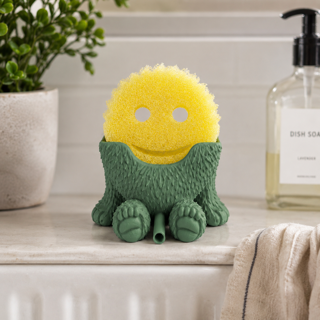 Kitchen sink sponge organizer with Bigfoot design for smiley scrub sponges