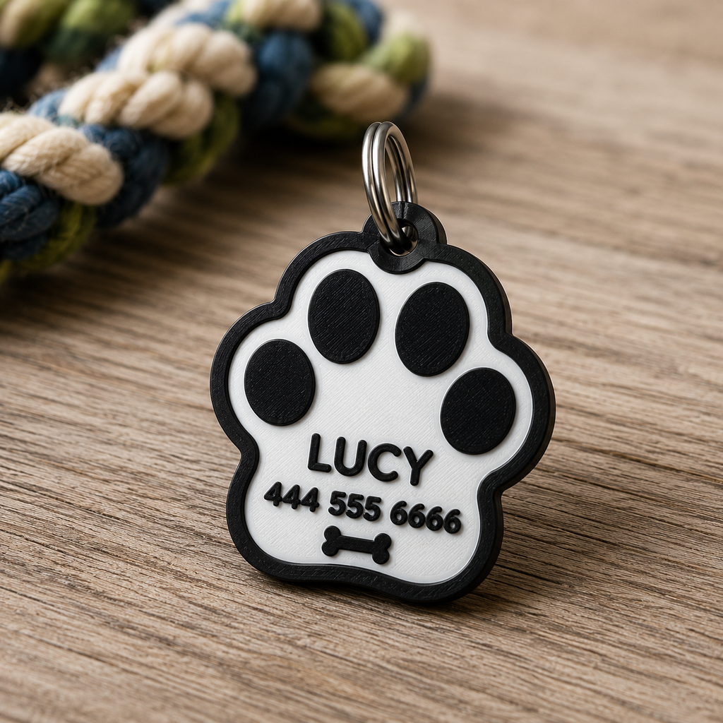 Custom pet identification tag designed for dog and cat collars