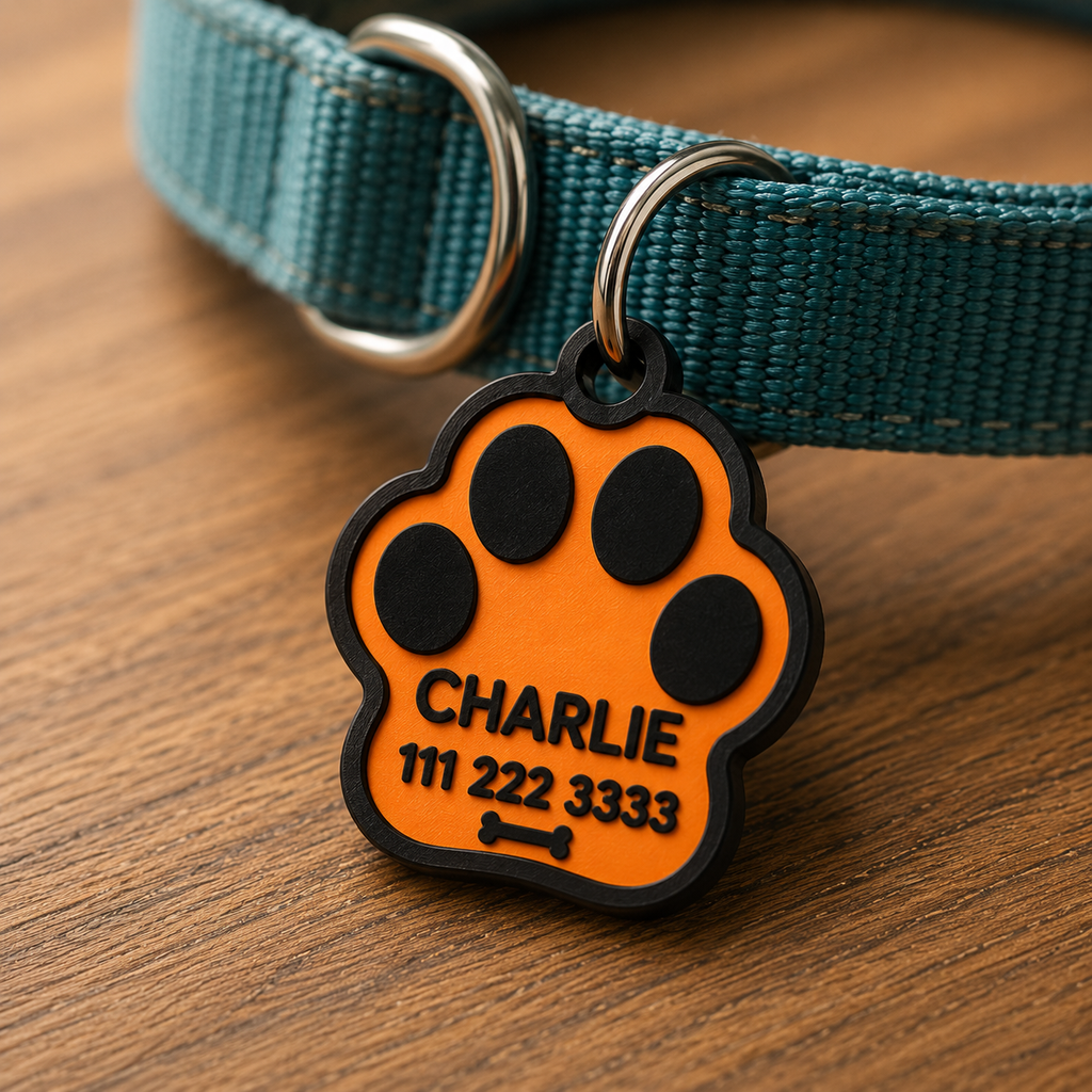 Close-up of a custom paw tag with raised pet name and phone number