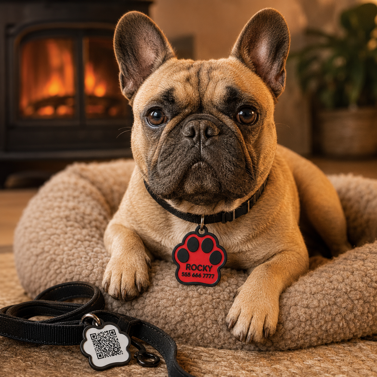 Pet wearing a custom collar ID tag with a raised name and contact information