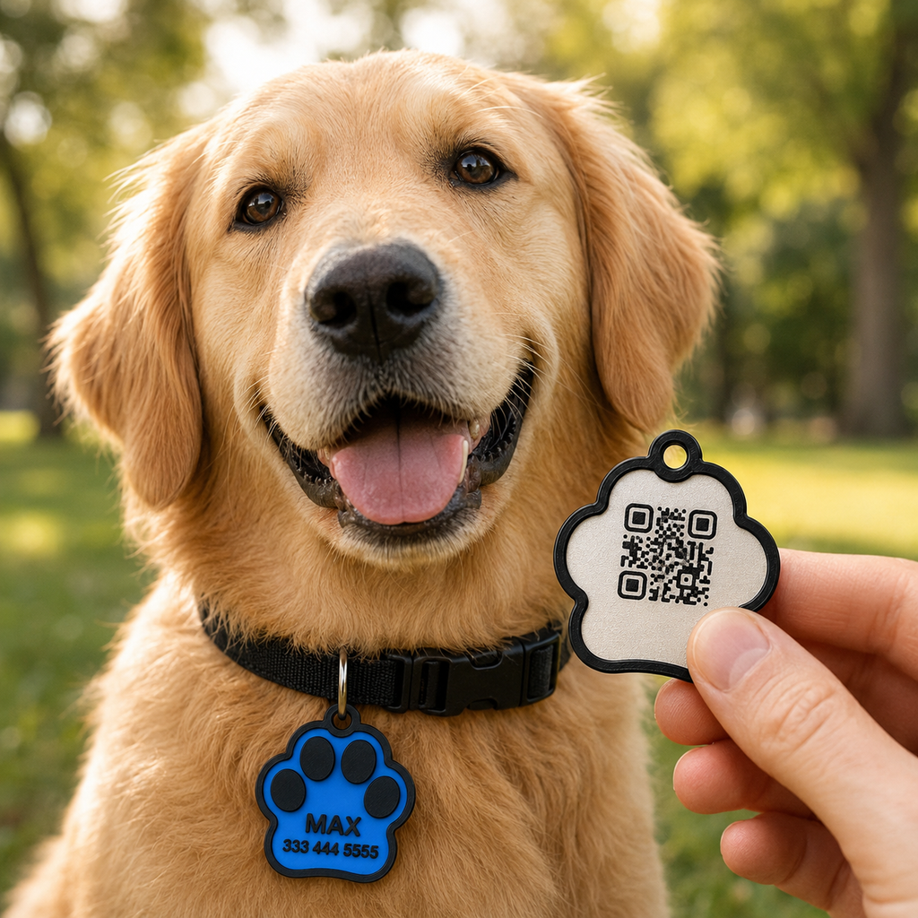 Custom pet name tag front and scannable QR code reverse shown in a lifestyle setting