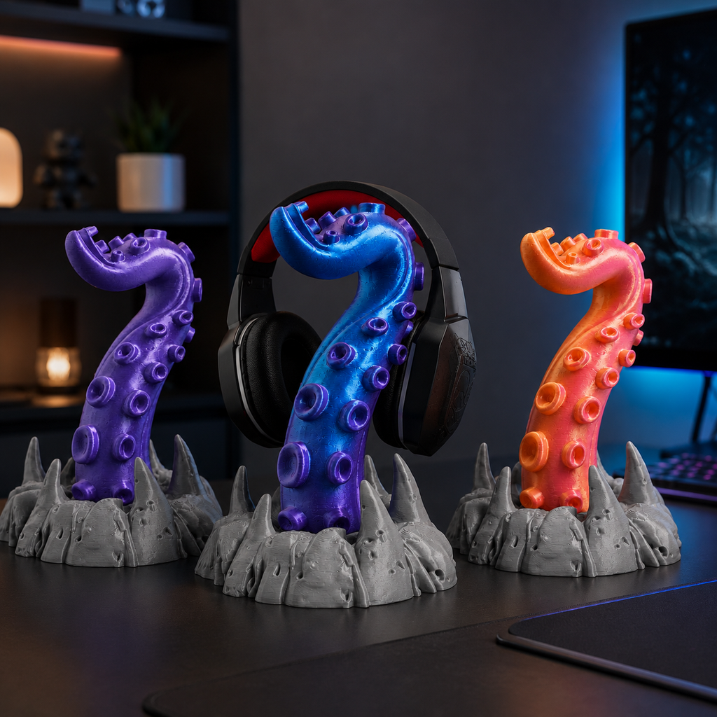 Kraken Tentacle Headphone Stand in Silk Purple with matte gray rock base
