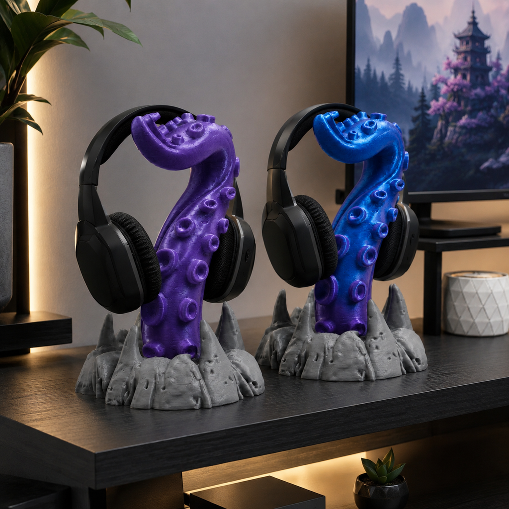 Aurora Purple 3D printed tentacle gaming headset holder with gray base
