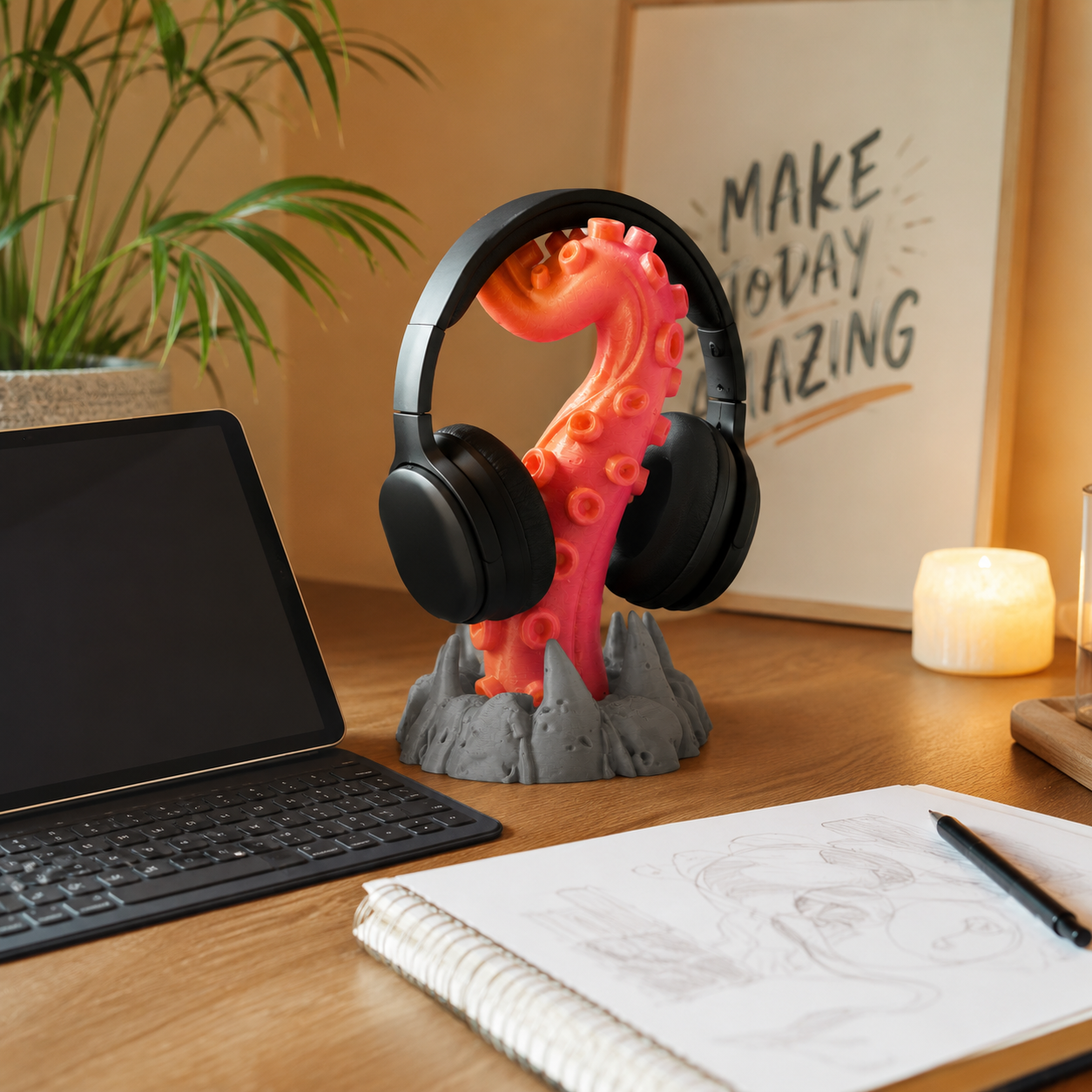 3D printed kraken headphone stand with black over-ear headphones in gaming room