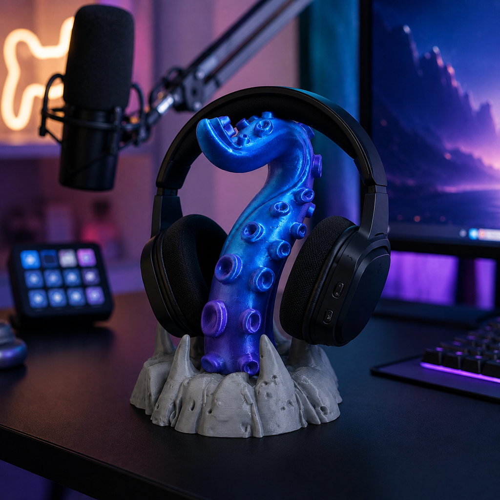 Fantasy octopus tentacle headset holder for PC battlestation accessories