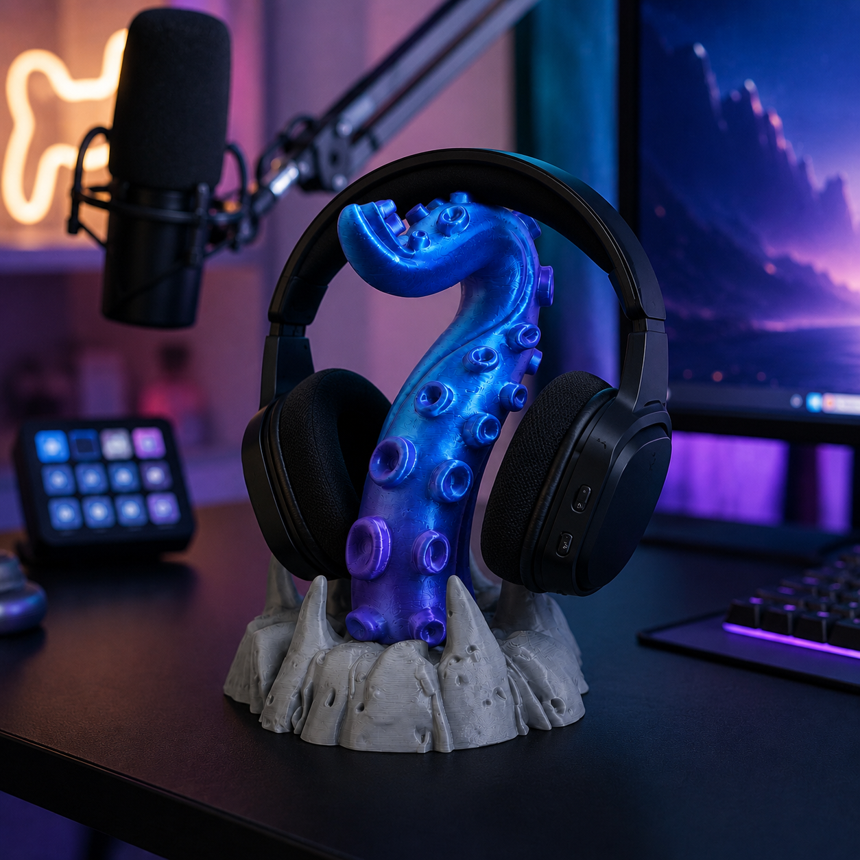 Fantasy octopus tentacle headset holder for PC battlestation accessories