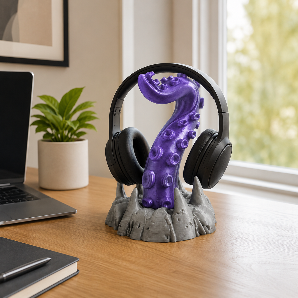 All three Kraken Tentacle Headphone Stand variants displayed on modern desk