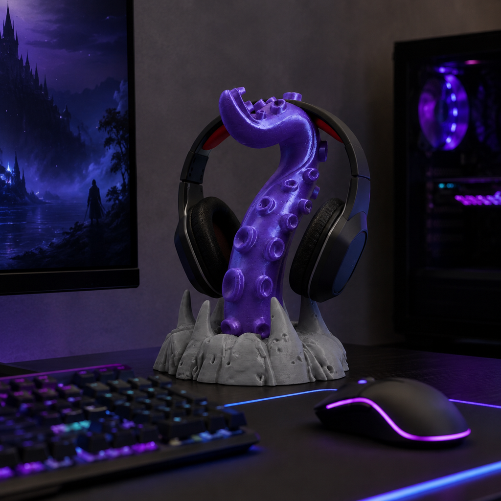 Gaming desk accessory tentacle headphone stand with matte gray rock base