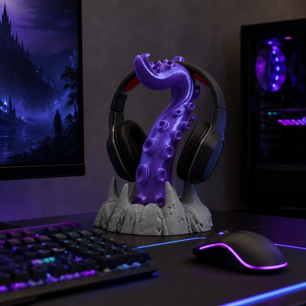 Gaming desk accessory tentacle headphone stand with matte gray rock base