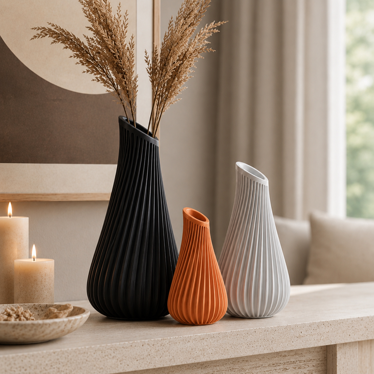 Lagos ribbed vase, modern 3D printed decorative vase for dried flowers and home decor
