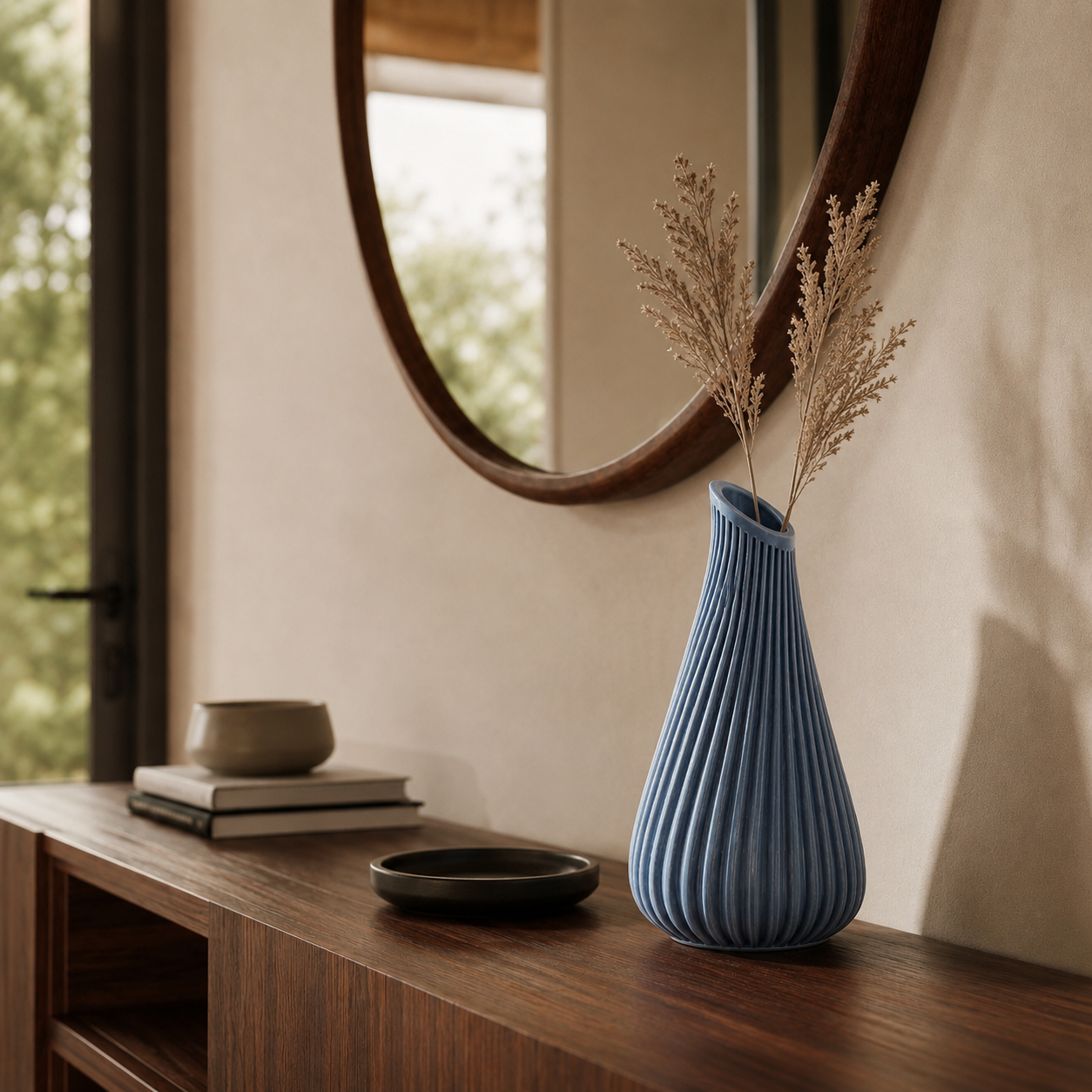 3D printed ribbed vase with modern sculptural design for minimalist home decor