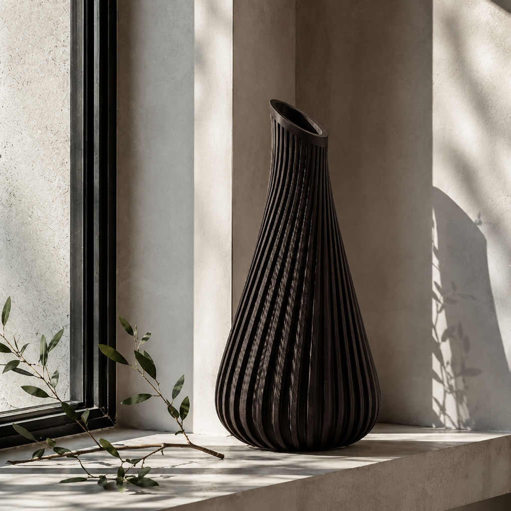 Sculptural Lagos ribbed vase, contemporary 3D printed decor for shelves and tables