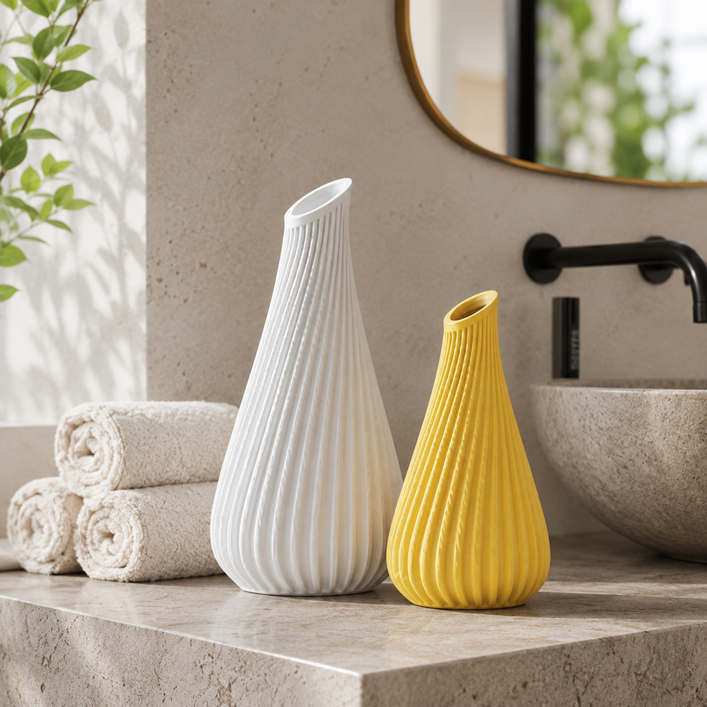Modern 3D printed decorative vase with vertical ribbed texture for dried flowers