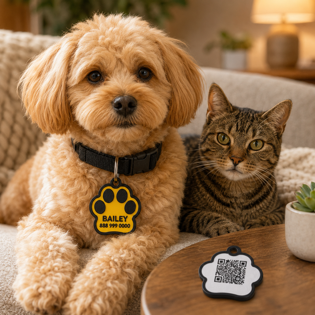 Lightweight custom pet ID tag photographed with everyday pet accessories
