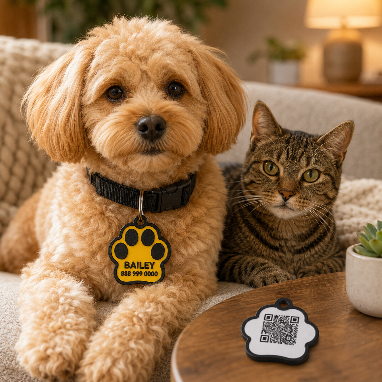 Lightweight custom pet ID tag photographed with everyday pet accessories