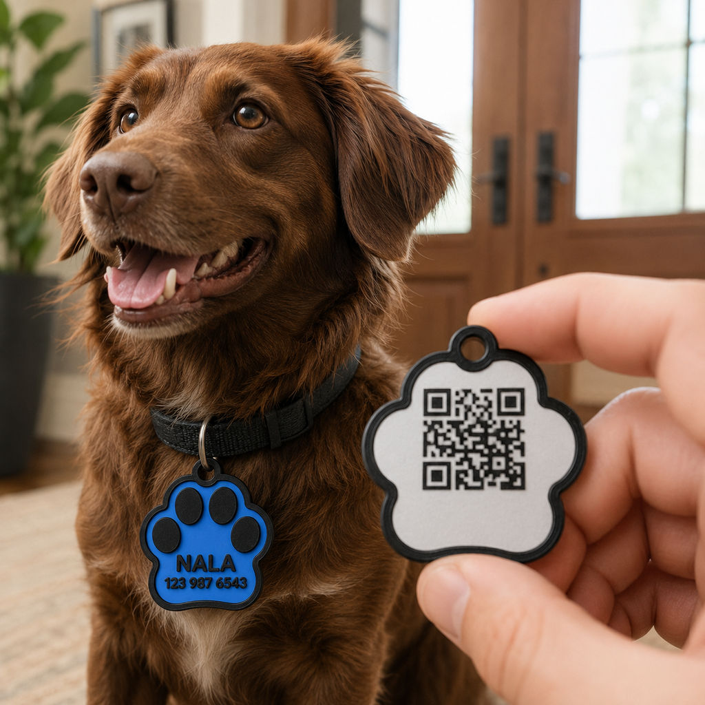 NAMVEXO paw-shaped QR code pet ID tag in a realistic lifestyle product photo