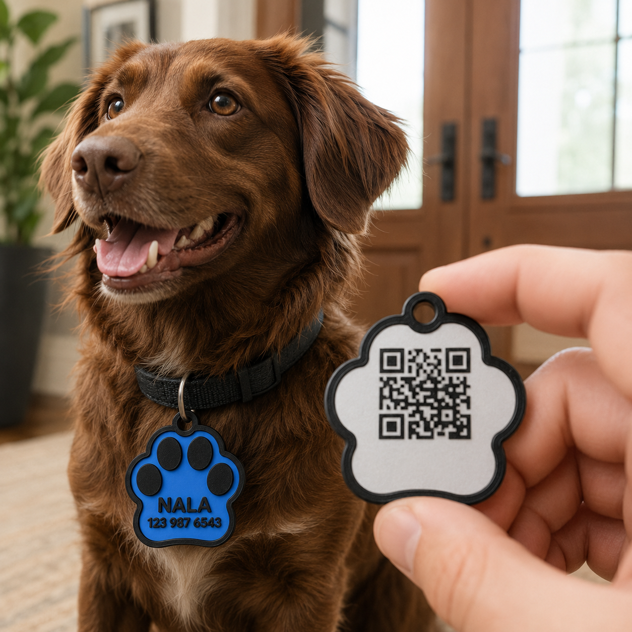 NAMVEXO paw-shaped QR code pet ID tag in a realistic lifestyle product photo