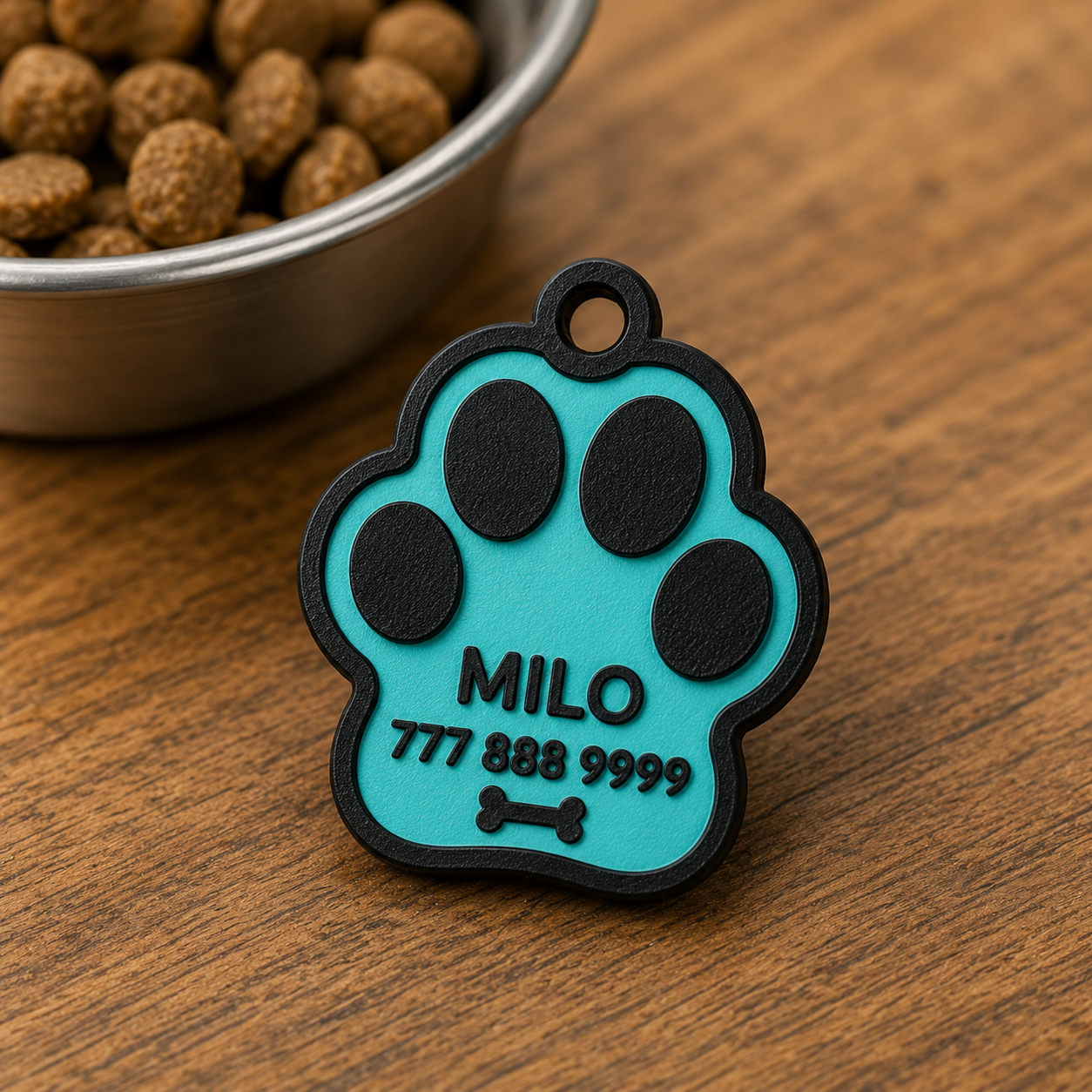 Dog or cat collar accessory featuring a personalized paw-print pet ID tag