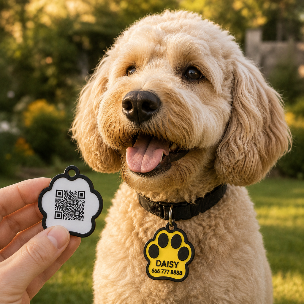 Paw-shaped QR pet tag displayed beside a pet in a home setting