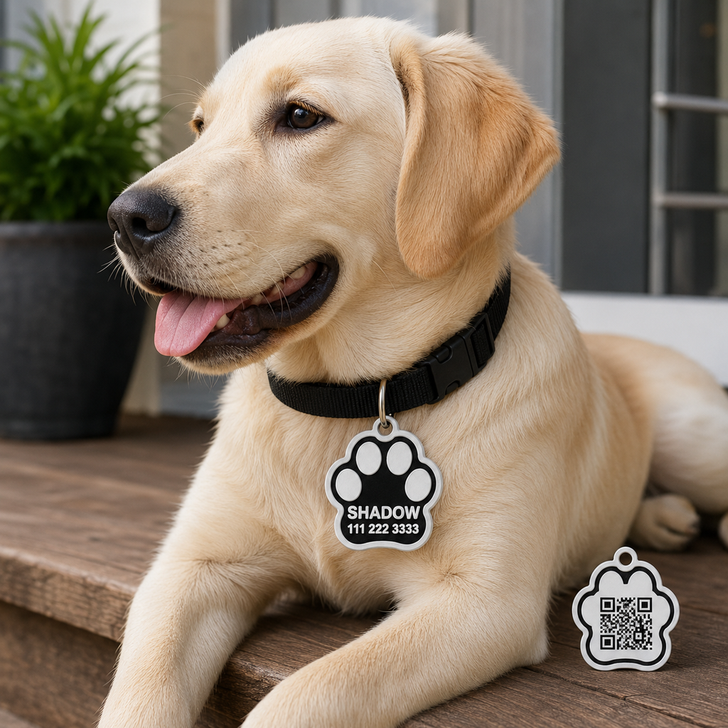 Personalized dog and cat identification tag in a realistic lifestyle scene