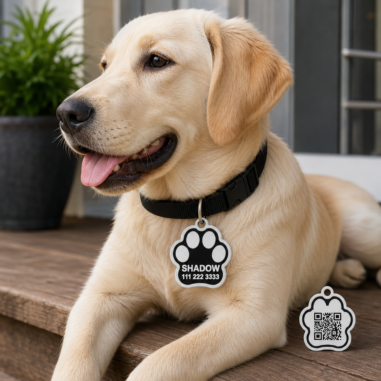 Personalized dog and cat identification tag in a realistic lifestyle scene