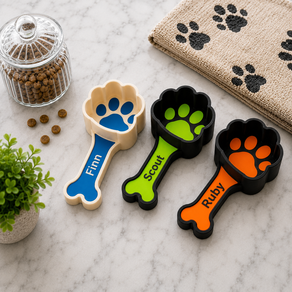 Personalized paw and bone pet food scoop for dog or cat kibble by NAMVEXO